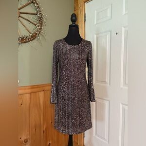 Eliza J Silver and Brown Sequin Bell Sleeve Cocktail Dress NWT size 8